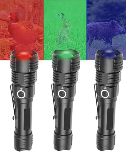 WINDFIRE 4 Color Multi-Color Tactical LED Flashlight Powerful Green White Red Purple Light Rechargeable Torch Zoomable Waterproof for Astronomy, Hunting, Fishing, UV Check