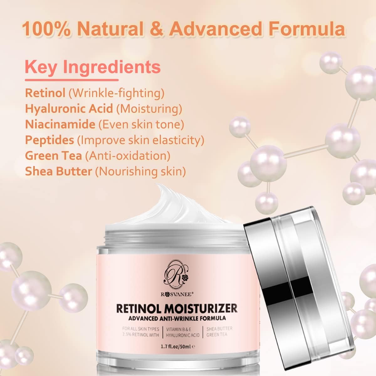 ROSVANEE Retinol Moisturizing Face Neck Eye Cream with 2.5% Retinol, Hyaluronic Acid and Vitamins E & B5, Deep Moisturizing Anti-Wrinkle Cream for Men and Women
