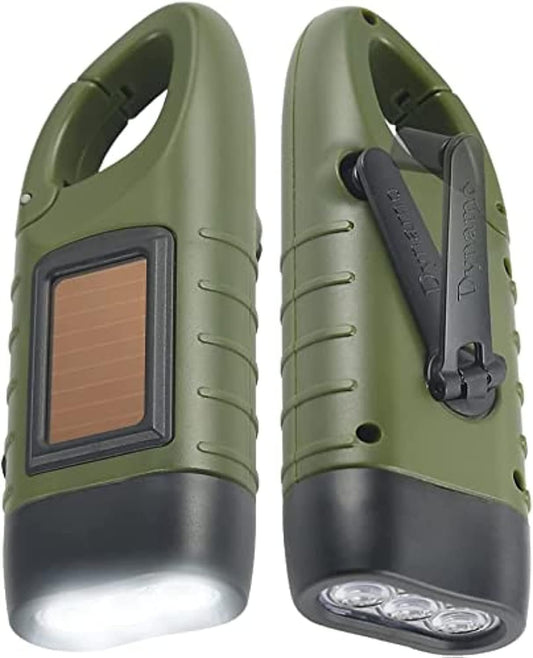 Simpeak 2-Pack Hand Crank Solar Powered LED Flashlight, Emergency Rechargeable Survival Torch With Quick Snap Carbiner for Outdoor Sports, Green