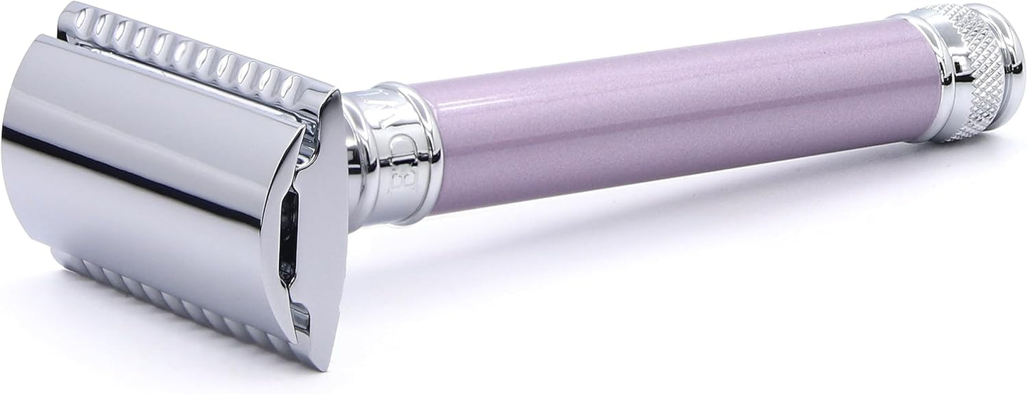 Edwin Jagger Double Edge Safety Razor, Heather, Long Handle, 5 blades