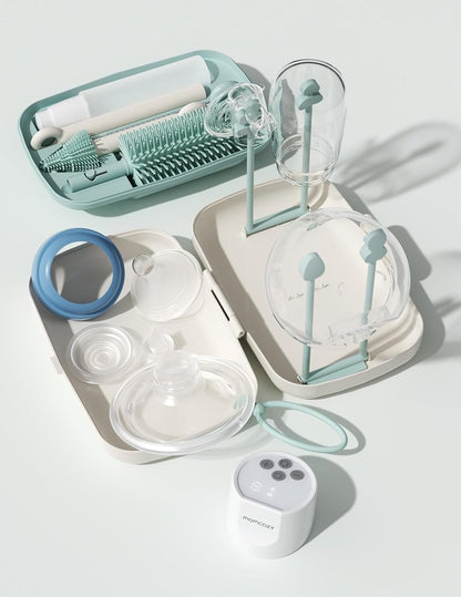 Momcozy 7 in 1 Bottle Cleaning Kit - Baby Bottle Cleaner Set with Silicone Brush, Nipple Brush, Straw Brush, Soap Dispenser, Drying Rack - Home and Travel Bottle Cleaning Tools for Infants