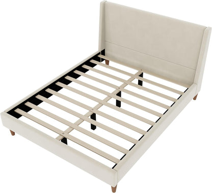 GDFStudio Modern Cream Velvet Upholstered Platform Bed with Wingback Headboard, Walnut Wooden Legs, No Box Spring Needed, Soft Touch Fabric, Solid Frame, Queen Size
