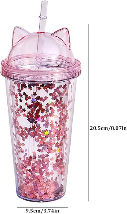 Glitter Water Bottle with Straw, 2Pcs Cute Girls Water Bottles Double Layer Water Cup Kawaii Drinking Cup Outdoor Indoor Water Bottle for School Kids, Pink & Clear
