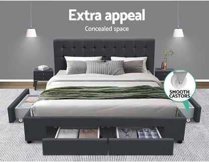 Artiss Double Bed Frame Platform Tufted Headboard Frames Beds Base with 4 Storage Drawers Bedroom Room Decor Home Furniture, Upholstered with Charcoal Faux Linen Fabric + Foam + Wood