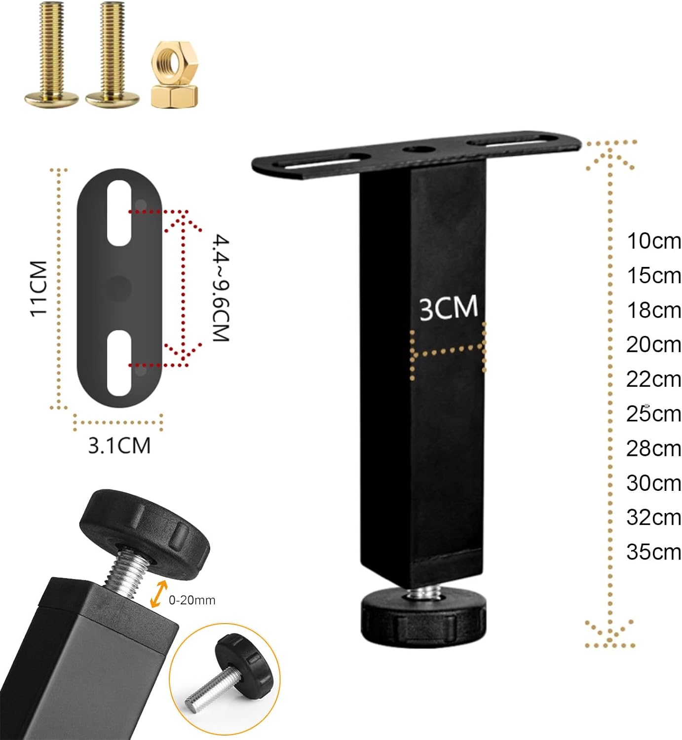 DJCYGG Set of 4 Adjustable Feet for Bed, T-Shaped Furniture Legs, Under the Bed Support Legs, Slatted Foot for Bed Table Sofas, with Screws (Black, 28 cm)