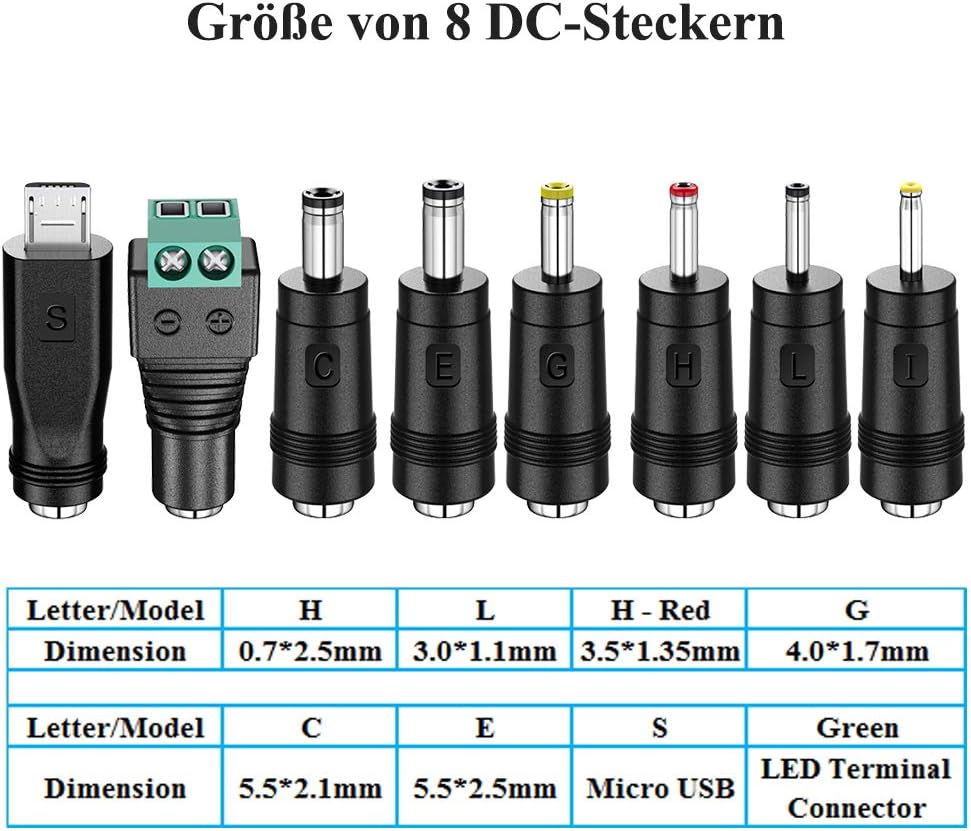 Universal AC/DC Power Adapter, PChero 24W Switching Power Supply with 8 DC Plugs, Including Micro USB Connector for 3/4.5/5/6/7.5/9/12V Home Electronics – 2000 mA Max.