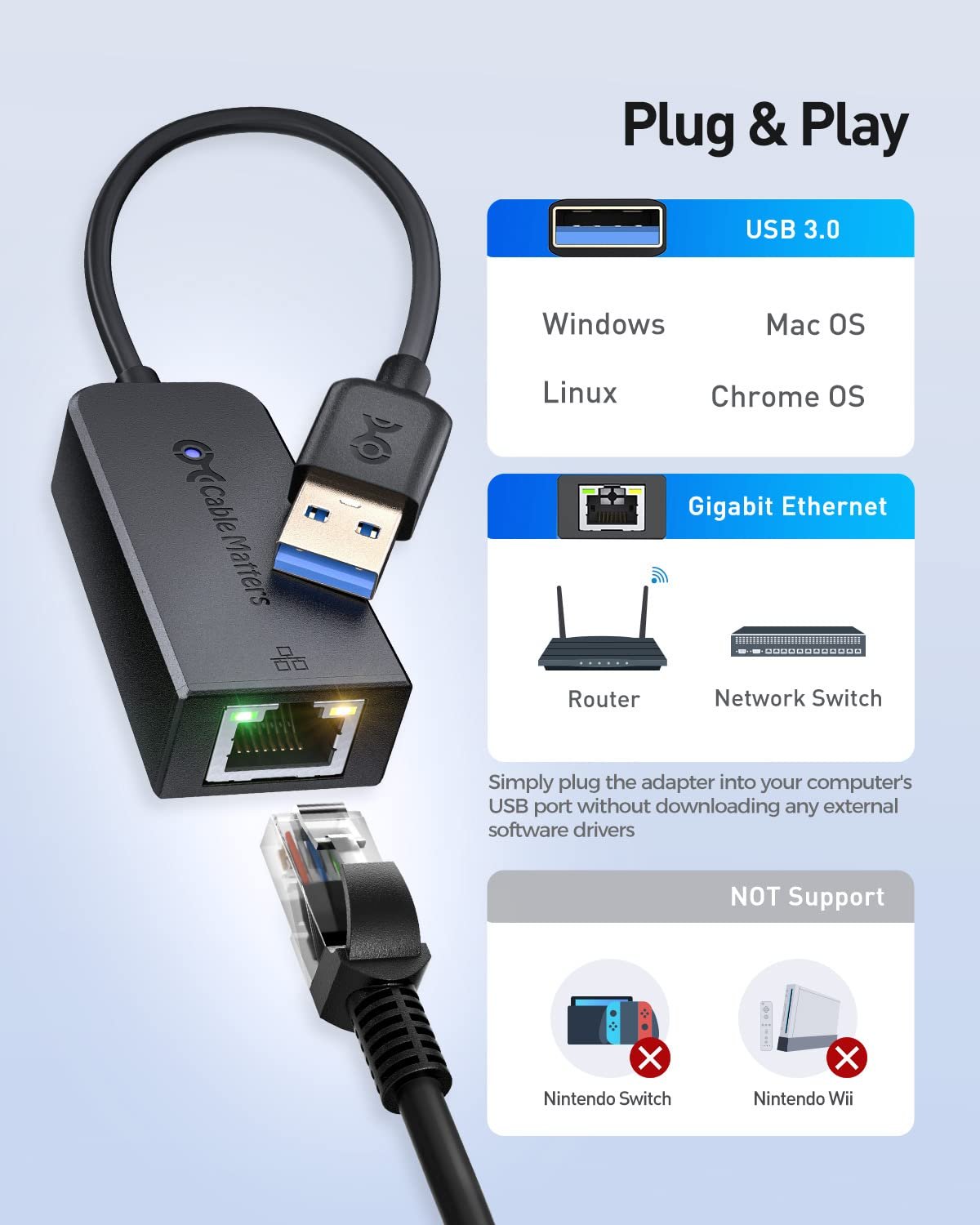 Cable Matters USB to Ethernet Adapter (USB 3.0 to Ethernet) Supporting 10/100/1000 Mbps Ethernet Network in Black, Wired LAN Converter Compatible with MacBook Windows macOS Chrome OS