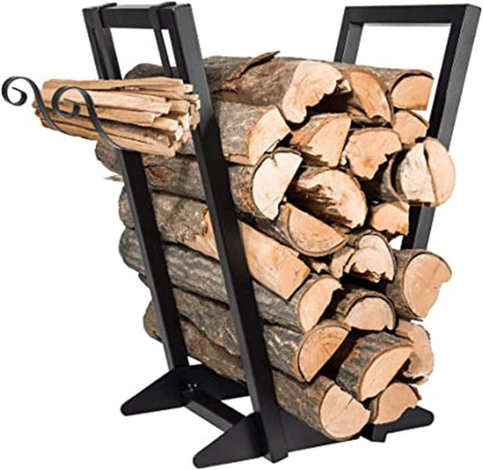 Log Rack Firewood Holder with Hooks - Indoor/Outdoor Metal Fireplace Wood Storage Stand with Holders for Fireside Tools and Accessories (Color : Black Size : 46x28x56cm) (Black 46x28x56cm)