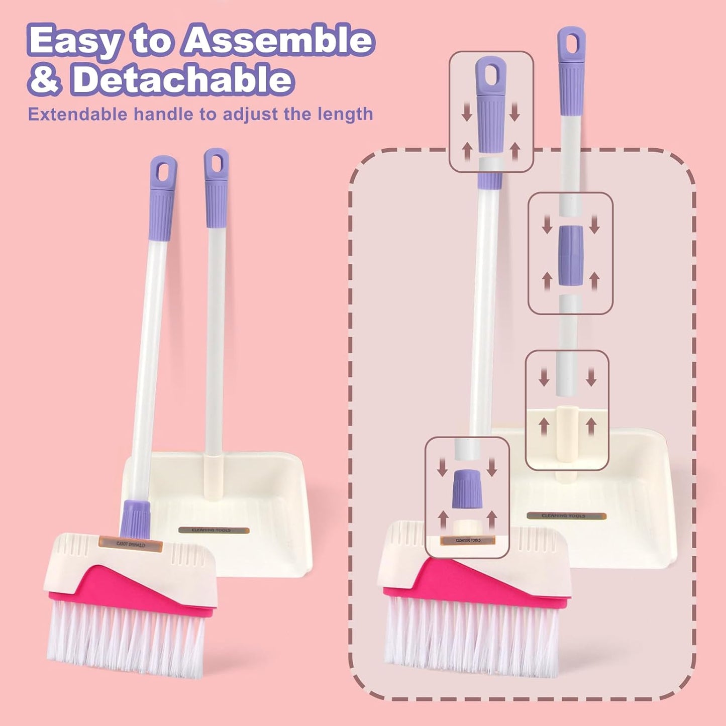 Coolplay Kids Cleaning Set for Toddlers Pretend Play Broom Set, 12pcs Mop and Cleaning Toys Set Pretend Playset Detachable Broom Mop Dustpan Pink Toy for Girls