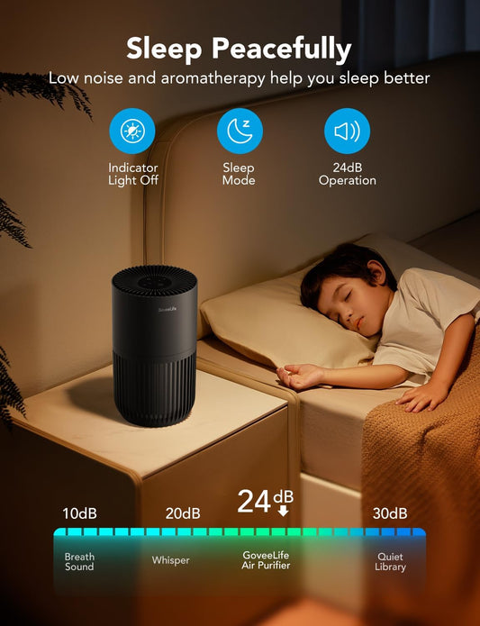 GoveeLife Mini Air Purifier for Bedroom, HEPA Smart Filter Air Purifier with App Alexa Control for Pet Hair, Odors, Pollen, Smoke, Portable Air Cleaner with 3 Speeds, Timer, Aroma for Home, Black