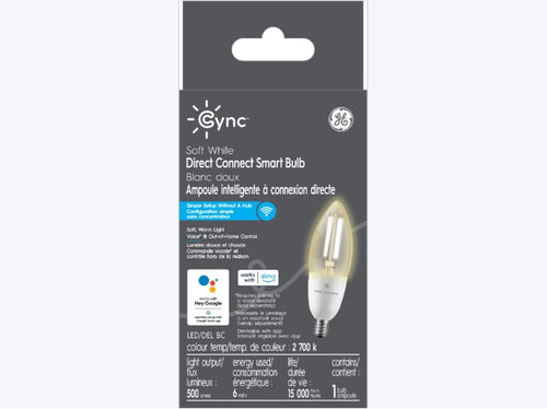GE Cync Soft White Direct Connect Smart Bulb (LED Decorative Candelabra Base Bulb), 60W Replacement, Bluetooth/WiFi Enabled, Works with Alexa, Google Assistant Without Hub, Pack of 1