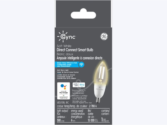 GE Cync Soft White Direct Connect Smart Bulb (LED Decorative Candelabra Base Bulb), 60W Replacement, Bluetooth/WiFi Enabled, Works with Alexa, Google Assistant Without Hub, Pack of 1