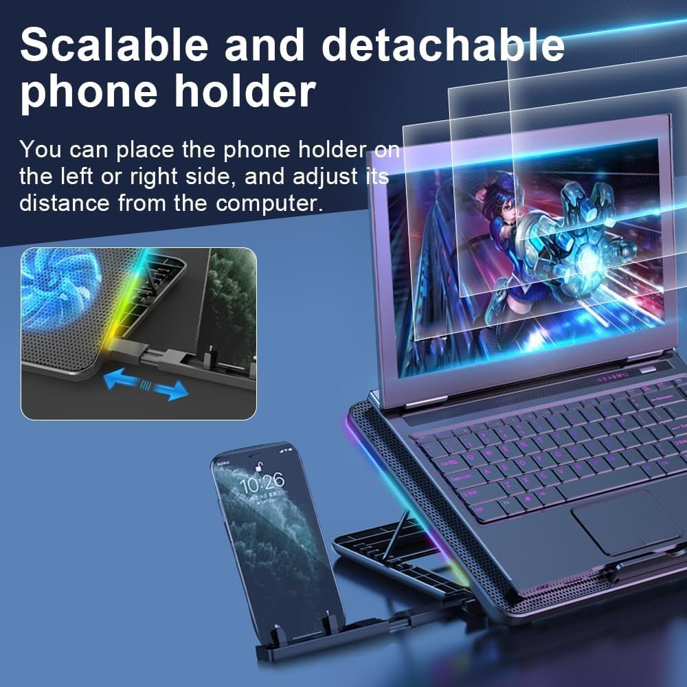 Necomi Laptop Cooling Pad, Laptop Cooler with 6 Quiet Fans for 13-17 Inch Gaming Fan Stable Stand, 7 Height Adjust, RGB Light 10 Modes, Switch Control Fan Speed, 2 USB Port & Phone Holder