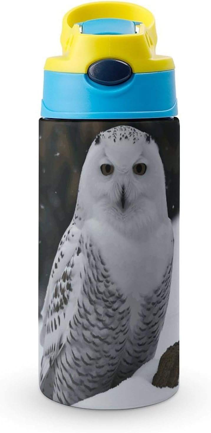 Stainless Steel Water Bottles Snow Owl Travel Water Cups with Handle And Silicone Straw Drinking Cup with Leak Proof Lid Thermo Travel Mug for Women Men