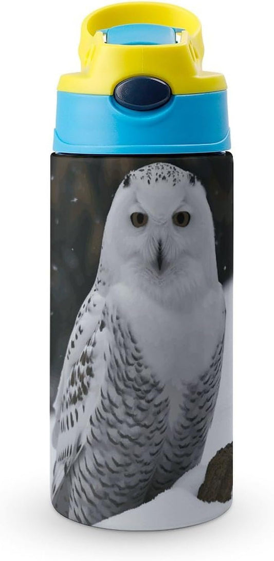 Stainless Steel Water Bottles Snow Owl Travel Water Cups with Handle And Silicone Straw Drinking Cup with Leak Proof Lid Thermo Travel Mug for Women Men