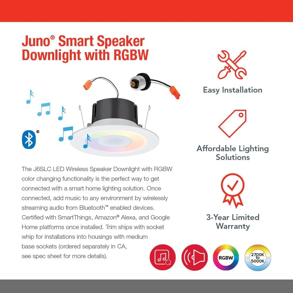Juno 6 Inch Smart Recessed Light Speaker, Bluetooth, Alexa, Google Home Compatible, RGBW Speaker Downlight, Dynamic Color Red Green Blue White, Matte White (J6SLC RGBW MW M6)