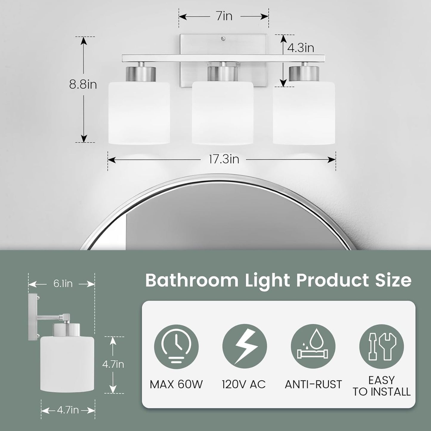 Capaaobc 3 Light Bathroom Light Fixtures, Brushed Nickel Vanity Lights Over Mirror for Bathroom, Modern Bathroom Vanity Light with Milky White Glass Shades, Anti-Rust E26 Base Lighting Fixtures