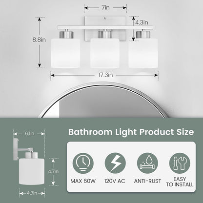 Capaaobc 3 Light Bathroom Light Fixtures, Brushed Nickel Vanity Lights Over Mirror for Bathroom, Modern Bathroom Vanity Light with Milky White Glass Shades, Anti-Rust E26 Base Lighting Fixtures
