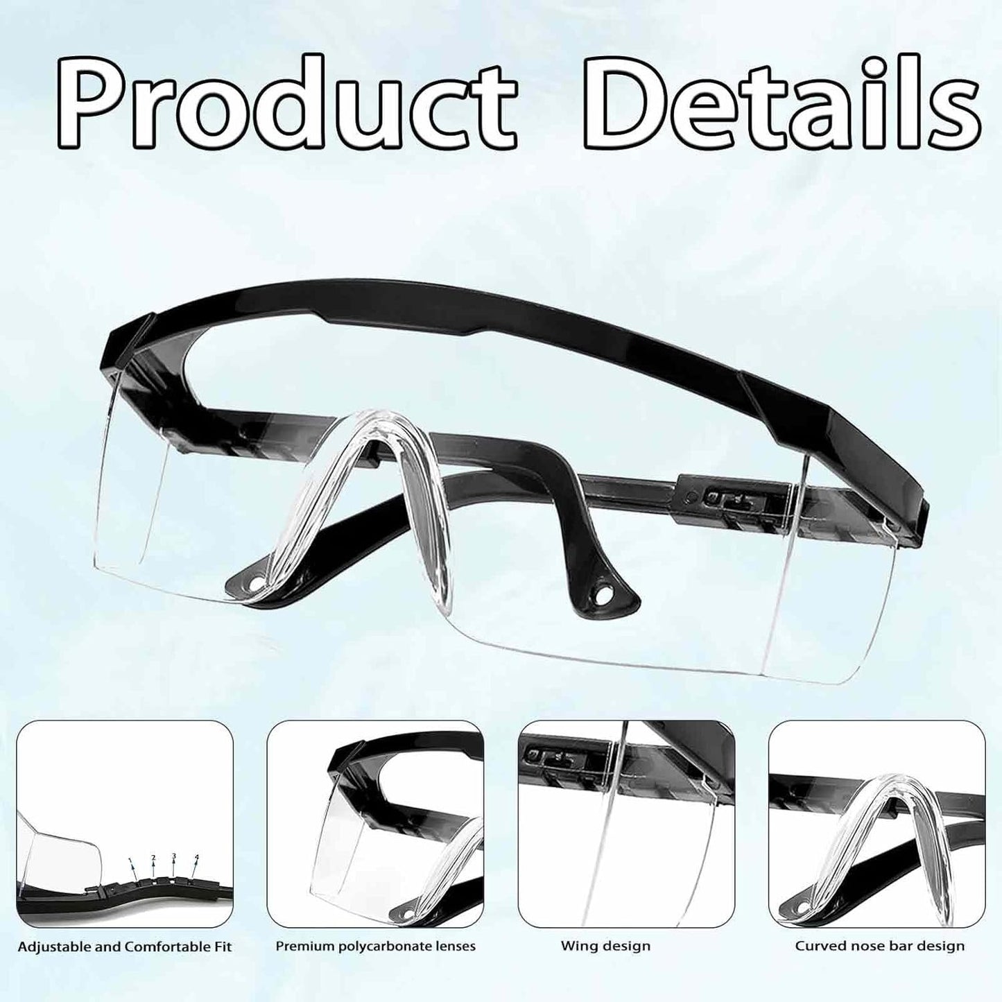 Safety Glasses with Adjustable Strap and Side Shields, 12 Pairs, Clear Lens, Scratch & Fog Resistant, Polycarbonate, Black Frame