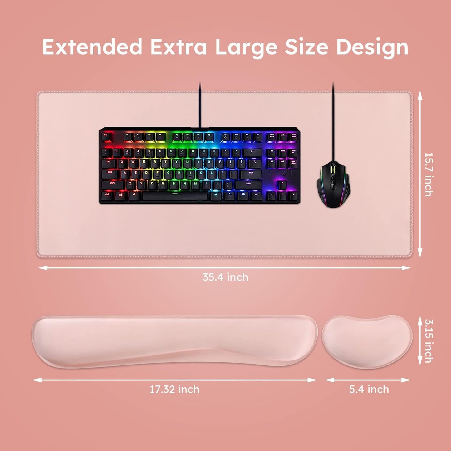 iCasso Mouse Pad Set, Memory Foam Ergonomic Keyboard Mouse Wrist Rest, Extended Desk Pad with Stitched Edges (35.4 x 15.7 inch), Non-Slip Waterproof Mouse Pad for Home Office Study Game (Pink)