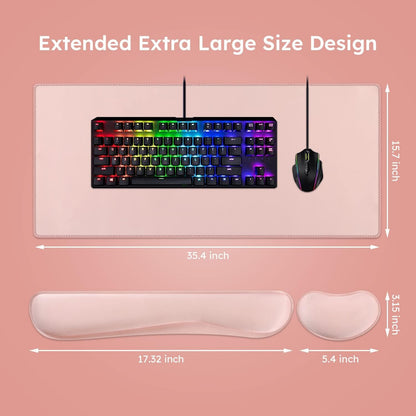iCasso Mouse Pad Set, Memory Foam Ergonomic Keyboard Mouse Wrist Rest, Extended Desk Pad with Stitched Edges (35.4 x 15.7 inch), Non-Slip Waterproof Mouse Pad for Home Office Study Game (Pink)