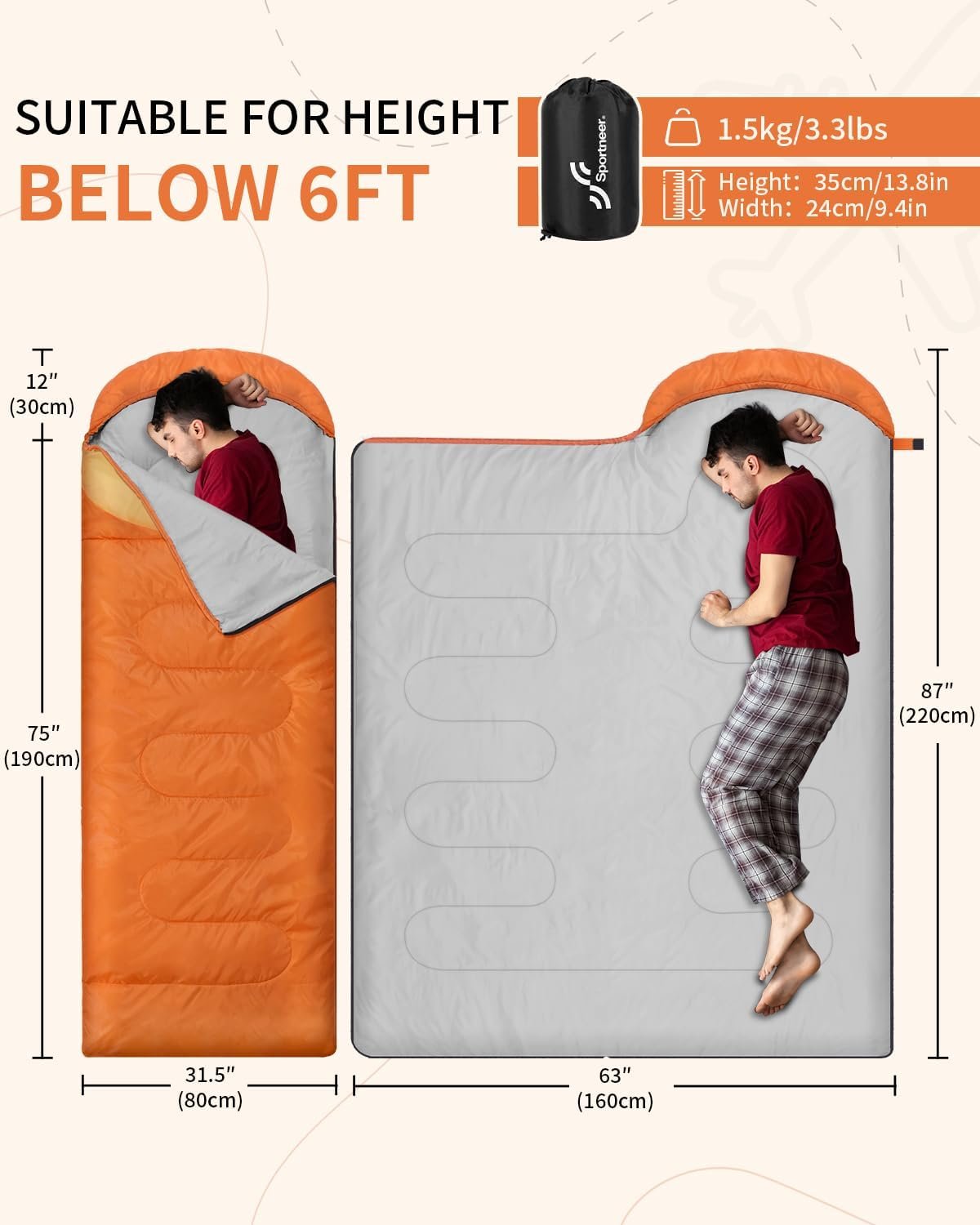Sleeping Bag, Sportneer Sleeping Bags for Adults Kids 3 Seasons Warm Cold Weather Waterproof Lightweight Camping Sleeping Bag for Adults Kids Boys Girls Teens Camping Hiking Backpacking Outdoor Travel
