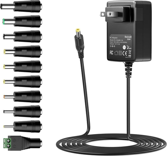 Basicvolt 12V 3A AC/DC Adapter Universal Power Supply with 10 DC Plugs, Regulated 12Volts 3000mA Power Adapter for LED Strip Light, CCTV Camera, BT Speaker, Router, DC12V Transformer