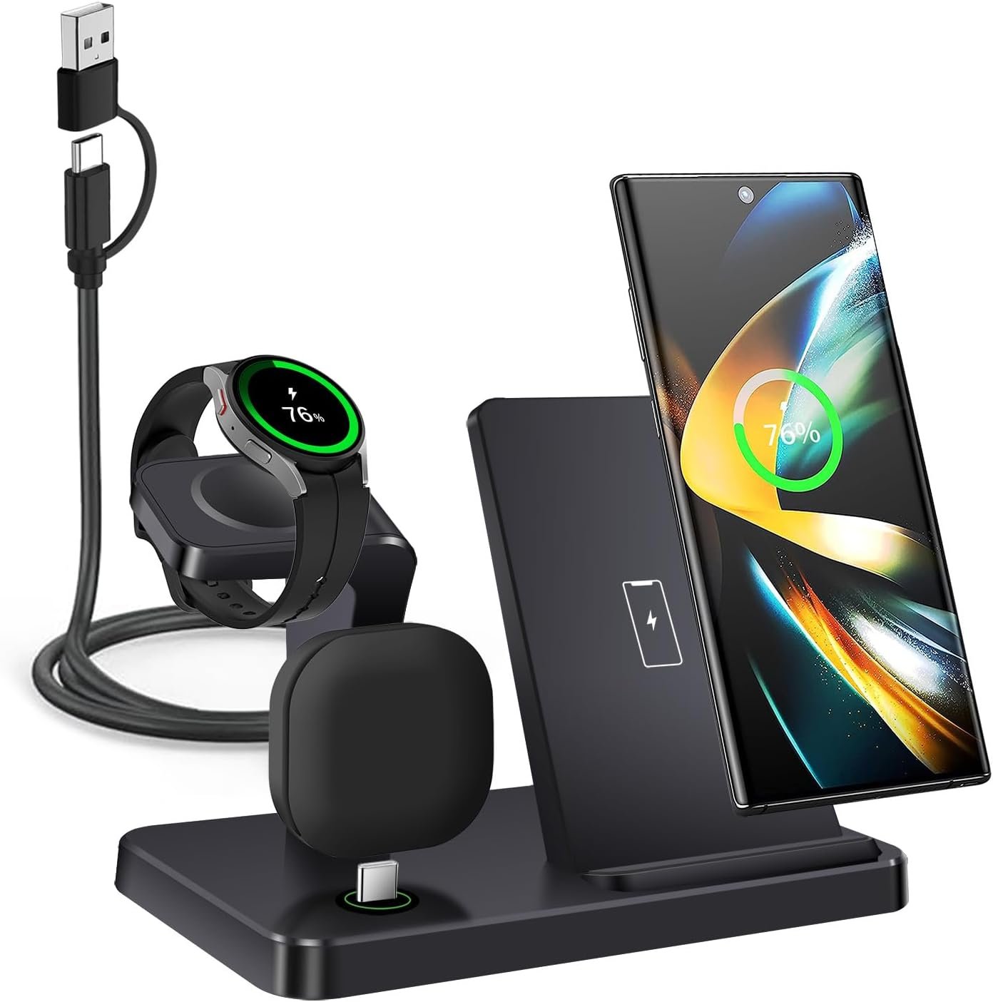 PDKUAI Wireless Charger for Samsung,3 in 1 Wireless Charging Station for Samsung Galaxy S25/S24/S23/Z Fold/Flip,Fast Phone Watch Charger Dock Stand for Galaxy Watch Ultra/7/6/5,Galaxy Buds