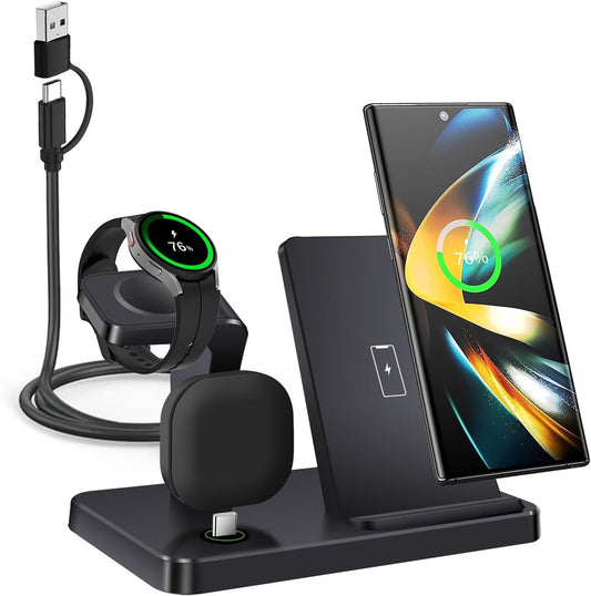 PDKUAI Wireless Charger for Samsung,3 in 1 Wireless Charging Station for Samsung Galaxy S25/S24/S23/Z Fold/Flip,Fast Phone Watch Charger Dock Stand for Galaxy Watch Ultra/7/6/5,Galaxy Buds