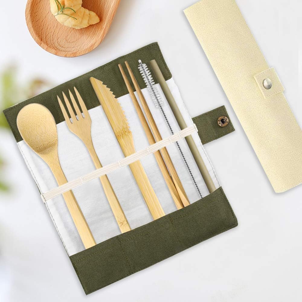 Set of 2, Bamboo Utensils Cutlery, DaKuan Reusable Cutlery Travel Set, Bamboo Spoon, Fork, Knife, Brush, Chopsticks and Straw, Eco-Friendly Portable Utensils with Case