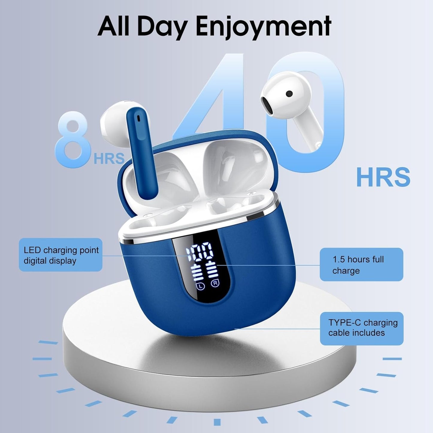 Wireless Earbuds, Bluetooth Ear Buds 5.4 Mini HiFi Stereo with 4 ENC Noise Cancelling Mics Wireless Headphones, 40H in Ear Earphones, USB C, IP7 Waterproof Bluetooth Headphones for Sports, Blue