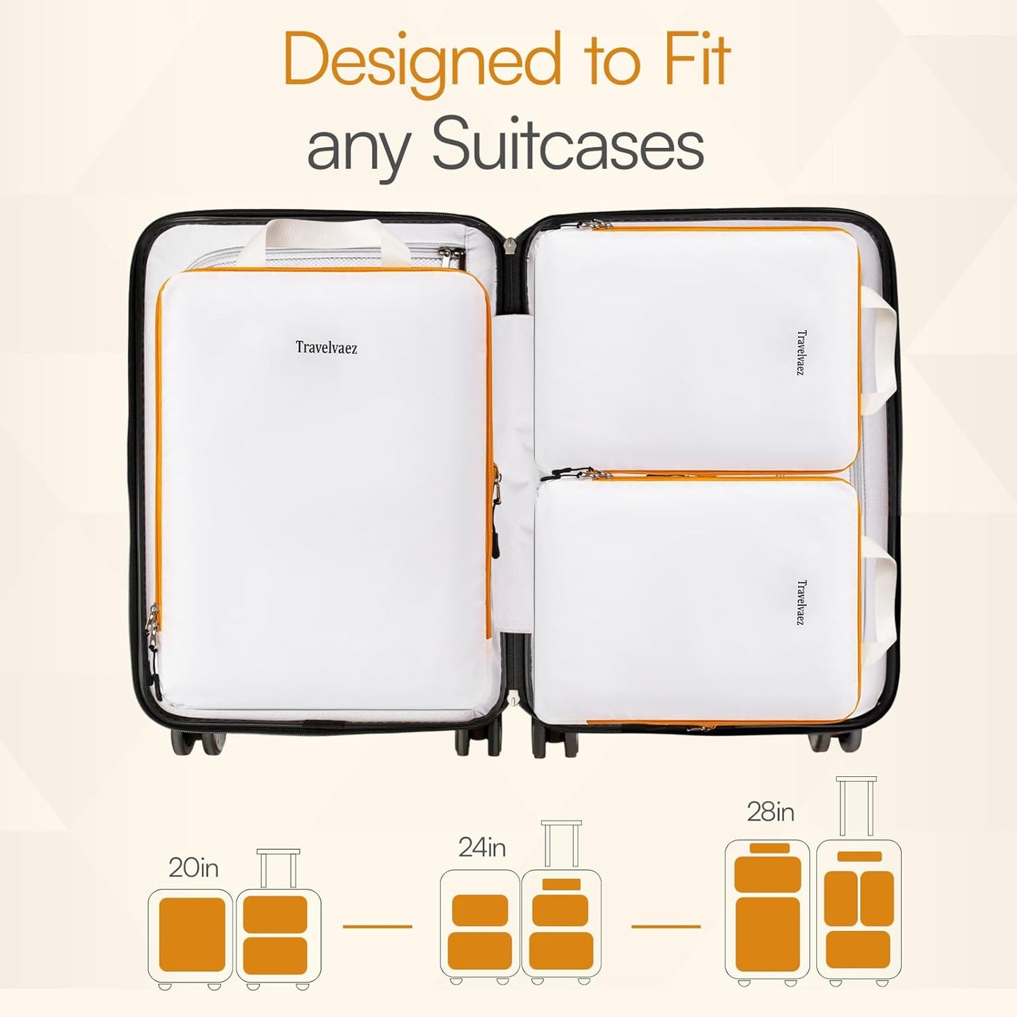 Travelvaez Set of 6 Expandable Travel Compression Cubes for Packaging, Luggage Organizer, Suitcase Compression Bags for Travel (White)