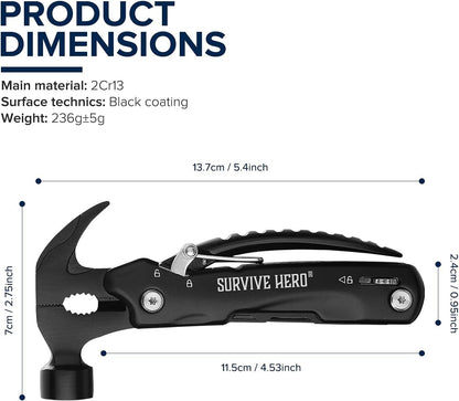 SURVIVE HERO Multitool Camping Accessories – Mini Hammer Multi Tool Pocket Knife, Christmas Birthday Fathers Gifts for Men Dad Him, Survival Gear Hiking Camping Gadgets for Men (Best Gift Idea)