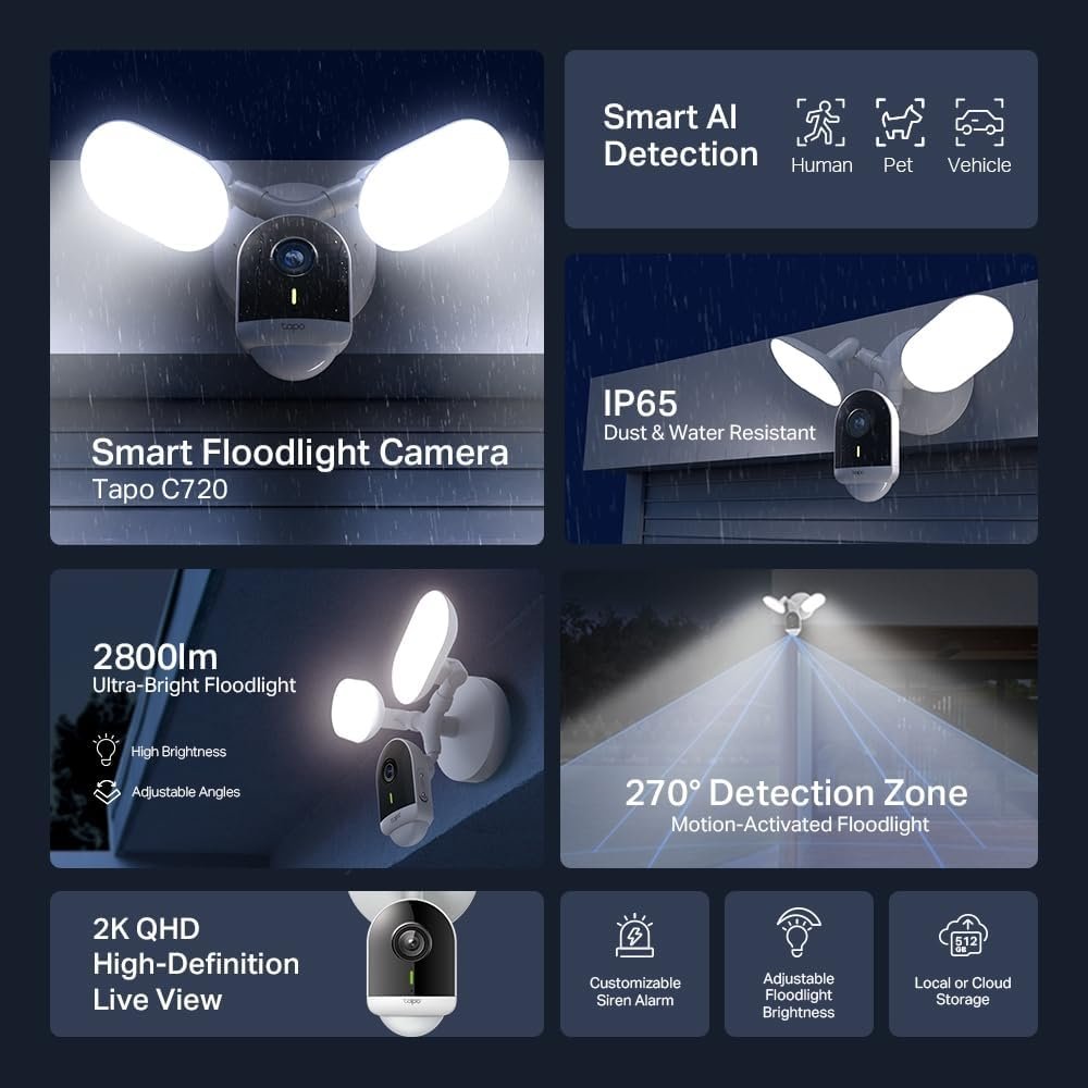 TP-Link Tapo Floodlight Outdoor Security WiFi Camera, Wireless, 2800lm Ultra-Bright, 2K QHD, IP65, 270Â° Motion, Full-Colour Night Vision, Smart AI Detection (Tapo C720)