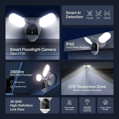 TP-Link Tapo Floodlight Outdoor Security WiFi Camera, Wireless, 2800lm Ultra-Bright, 2K QHD, IP65, 270Â° Motion, Full-Colour Night Vision, Smart AI Detection (Tapo C720)