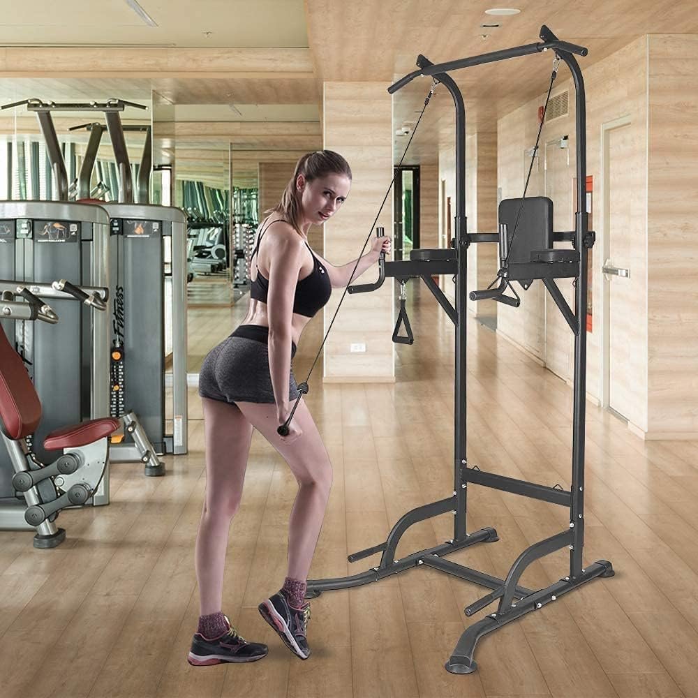 Dskeuzeew Power Tower Dip Station, Fitness Strength Station with Pull Up Bar, Multifunction Power Tower for Home Gym Strength Training, 330LBS Chargable, Black