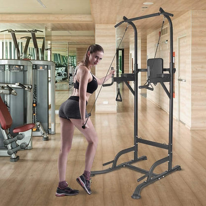 Dskeuzeew Power Tower Dip Station, Fitness Strength Station with Pull Up Bar, Multifunction Power Tower for Home Gym Strength Training, 330LBS Chargable, Black