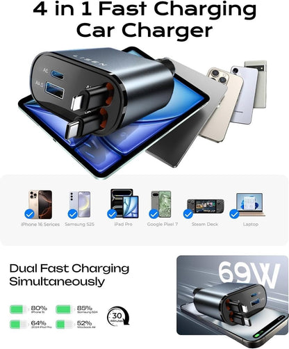 LISEN 69W Retractable Car Charger 4 in 1 USB C Fast Car Phone Charger, Fathers Day for Gifts, Car Accessories Interior Travel Road Gifts for Women Men Trip Essentials for Kids (Black)