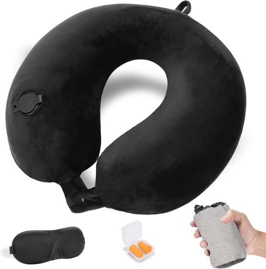 Cirorld Inflatable Travel Neck Pillow, Ultralight and Compact Airplane Pillow, Travel Neck Pillow, Includes Sleeping Mask, Ear Plugs, Carrying Bag