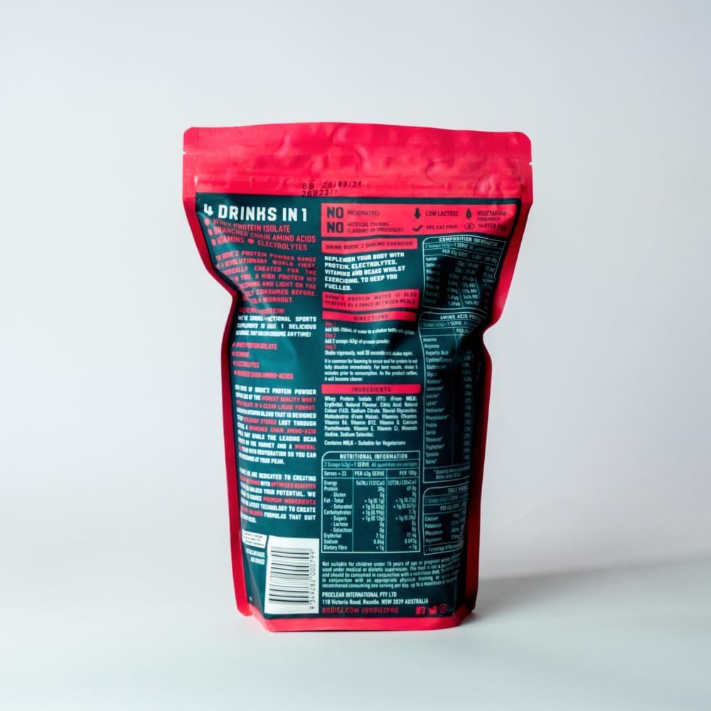 BODIE’Z Whey Protein Water Powder - 30g Protein Per Serve, Less than 1g Sugar Fat and Carbs, 11 Vitamins and Minerals, Supplement for Lean Muscle Growth and Recovery, Mix with Water, 1Kg Mixed Berry