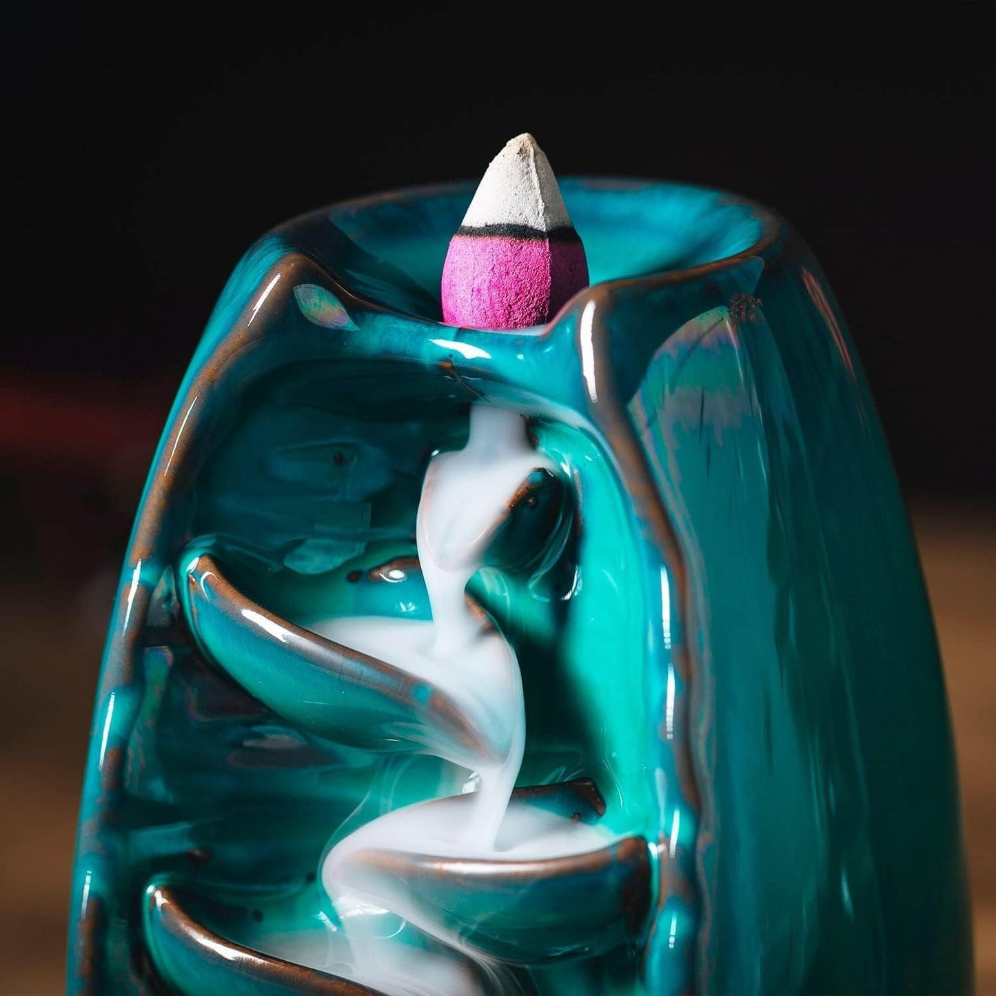 INONE Ceramic Incense Burner with 100 Upgraded Cones, Waterfall Backflow Incense Holder, Aromatherapy Ornament, Zen Decor, Home Decor, Room Decor (Cyan)