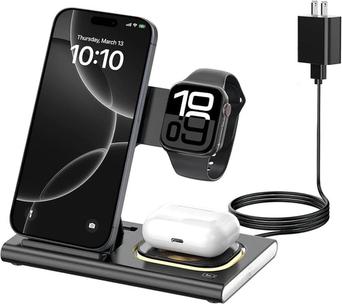 Wireless Charger,Foldable 3 in 1 Charging Station Compatible with iPhone 16/16 Pro/16 Pro Max/16 Plus/15/14/13,Apple Watch 10/Ultra 2/9/8/SE,Air Pods Pro 4/3/2 Night Light Travel Charger Stand