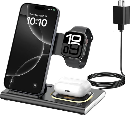 Wireless Charger,Foldable 3 in 1 Charging Station Compatible with iPhone 16/16 Pro/16 Pro Max/16 Plus/15/14/13,Apple Watch 10/Ultra 2/9/8/SE,Air Pods Pro 4/3/2 Night Light Travel Charger Stand
