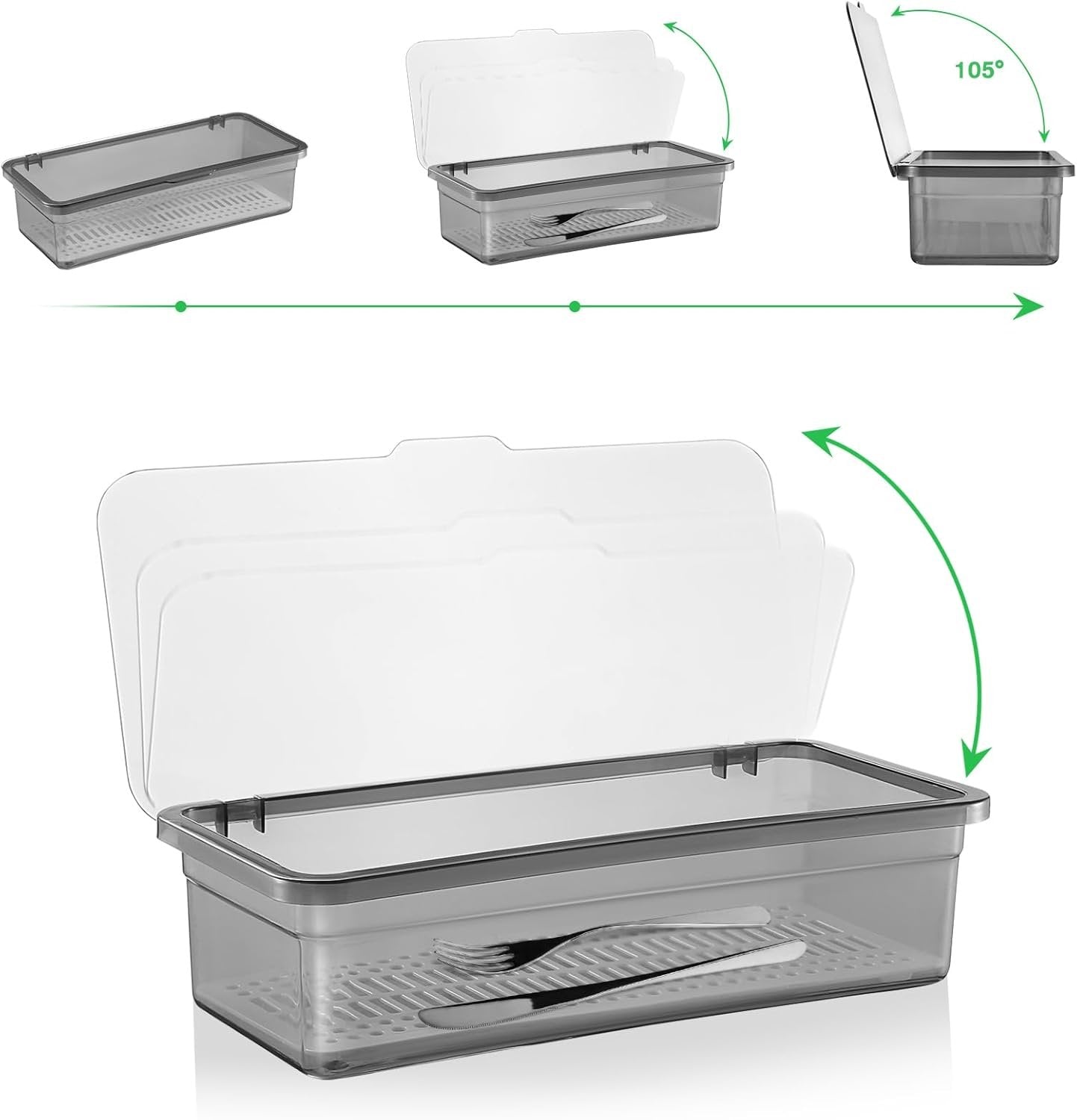Flatware Tray Kitchen Drawer Organizer with Lid and Drainer- Plastic Kitchen Cutlery Tray and Utensil Storage Container with Cover- - Dinnerware Holder