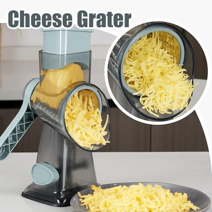 KEOUKE Rotary Cheese Grater Hand Crank Cheese Shredder Vegetable Mandoline Slicer for Kitchen 3 Changeable Blades for Cheese Potato Zucchini Nuts Chocolate - GreyBlue