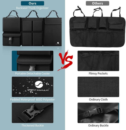 Car Trunk Organizer With Cooler, Hanging Car Organizers With Large Pockets, Zippers Detachable Seat Back Organizer, Waterproof for Jeeps, SUVs, Black