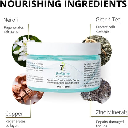 7E Wellness ReStore Conductive Gel with Bio-Active Complex - 4oz - Facial Skin Care Products with Green Tea Extract, Hyaluronic Acid, and Collagen Peptides - Anti Aging and Skin Tightening