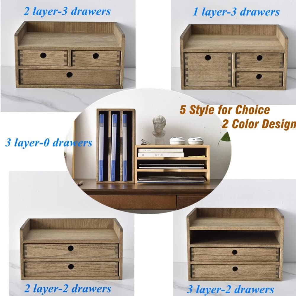 KIRIGEN Desk Organizer with Drawers - Wood Drawer Storage Box with Trays for Tabletop - Workspace Office Toiletries Supplies Tool Caddy - Wooden Storage Cabinet Dark Brownï¼ˆDT2D3C-DBRï¼‰