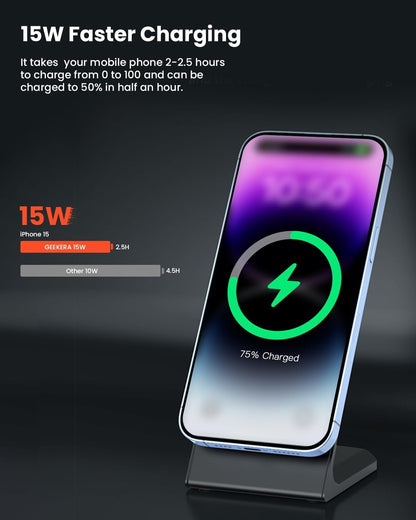 GEEKERA Magnetic Wireless Charger Stand, Fast Wireless Charger for iPhone 16/16 Pro/16 Plus/16 Pro Max/15/14/13/12 Series, Sleep-Friendly Charging Stand Dock for Nightstand Home Office