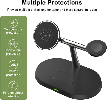 BUCKKO 3 in 1 Wireless Charging Station Compatible with Magsafe Qi | iPhone | iWatch |Airpod Charging Station| Fashion Desktop Devices Reliable Voltage Support 3X+ Devices (White W/O Night Light)